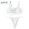Image of Lace Up Ribbed Texture Bikini Low Waist Wire Free Bikini Set
