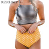 Image of Stripe Halter  Bandage  Print Cross Bikini Set