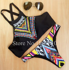 Geometry Black Print  High Neck Push Up Bikini Set