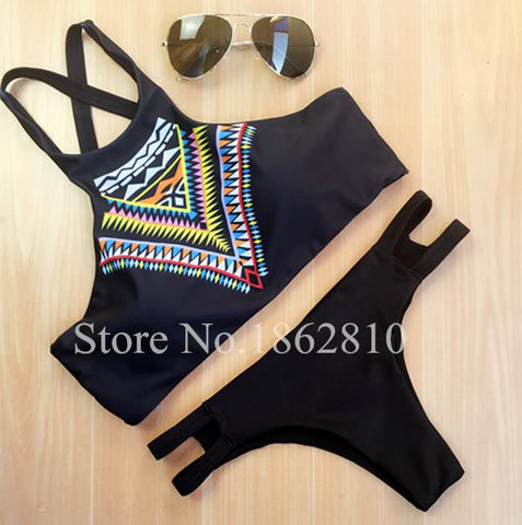Geometry Black Print  High Neck Push Up Bikini Set