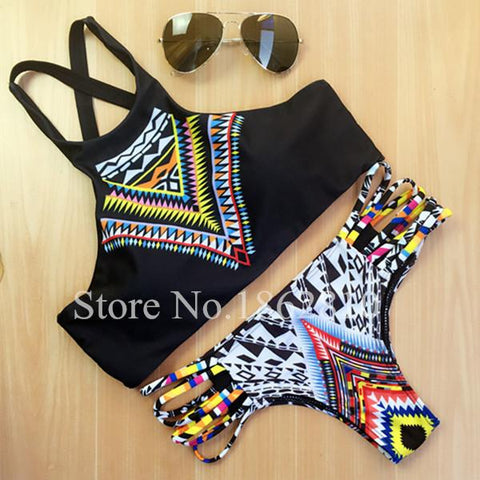Geometry Black Print  High Neck Push Up Bikini Set