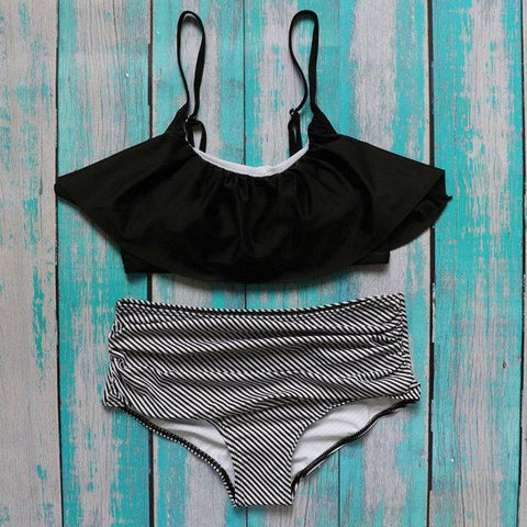 Ruffle Vintage  Striped Bottom Bikini Set