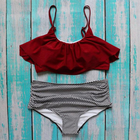 Ruffle Vintage  Striped Bottom Bikini Set