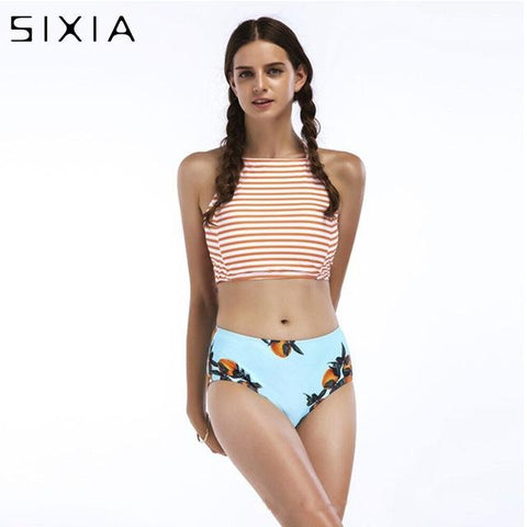 Dark Blue Print Floral Hight Waist Two Piece Striped Bikini