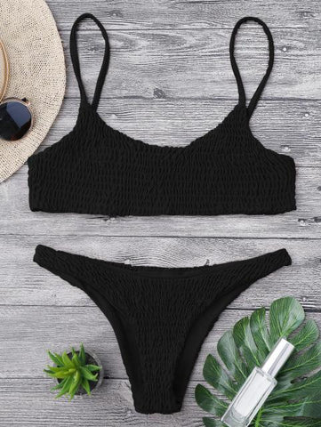 Cami Smocked Bikini Top and Bottoms Sexy Low Waisted Spaghetti Straps Swimsuit