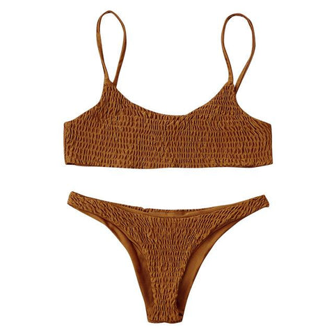 Cami Smocked Bikini Top and Bottoms Sexy Low Waisted Spaghetti Straps Swimsuit
