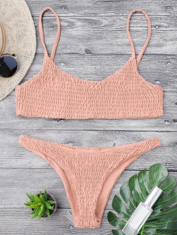 Cami Smocked Bikini Top and Bottoms Sexy Low Waisted Spaghetti Straps Swimsuit