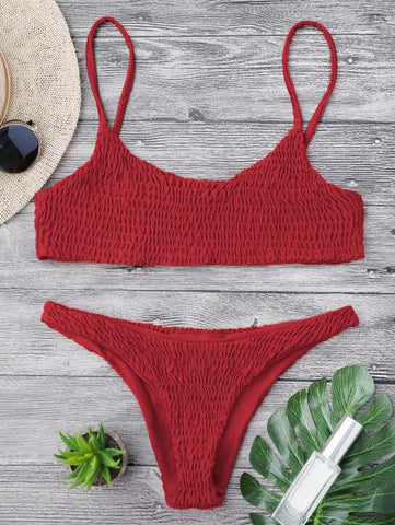 Cami Smocked Bikini Top and Bottoms Sexy Low Waisted Spaghetti Straps Swimsuit