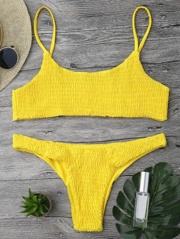 Cami Smocked Bikini Top and Bottoms Sexy Low Waisted Spaghetti Straps Swimsuit