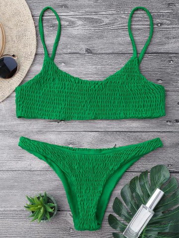 Cami Smocked Bikini Top and Bottoms Sexy Low Waisted Spaghetti Straps Swimsuit