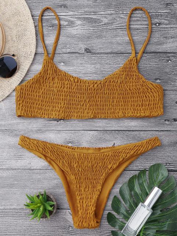 Cami Smocked Bikini Top and Bottoms Sexy Low Waisted Spaghetti Straps Swimsuit