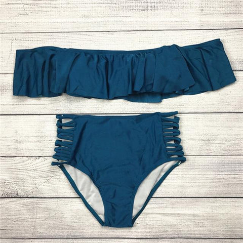 Off Shoulder  High Waist Cross Straps  Hollow Out Swimwear