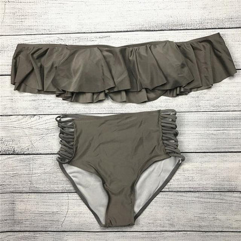 Off Shoulder  High Waist Cross Straps  Hollow Out Swimwear
