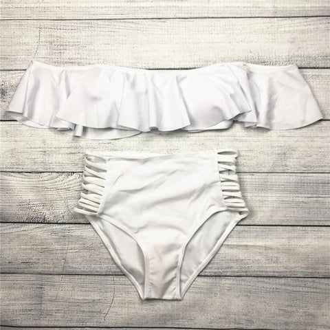 Off Shoulder  High Waist Cross Straps  Hollow Out Swimwear