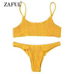 Cami Smocked Bikini Top and Bottoms Sexy Low Waisted Spaghetti Straps Swimsuit