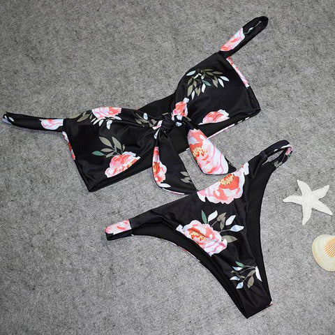 Strapless  Retro Floral Swim Suit Off Shoulder Bikinis Set