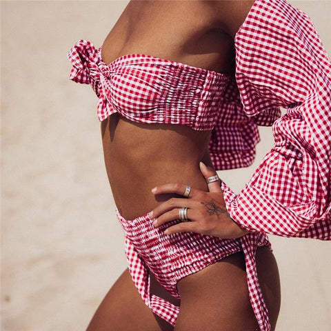 High Waist Plaid Print Bathing Suit
