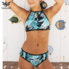 Image of High Neck Print Green Halter Top Brazilian Bikini Set