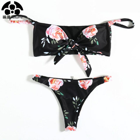 Strapless  Retro Floral Swim Suit Off Shoulder Bikinis Set