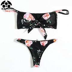 Strapless  Retro Floral Swim Suit Off Shoulder Bikinis Set