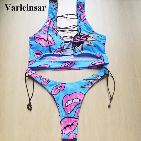 2018 New African Sexy Thong Bikini Lace Up  Set