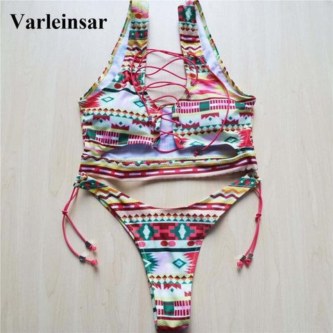 2018 New African Sexy Thong Bikini Lace Up  Set