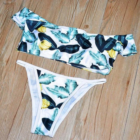 Strapless  Retro Floral Swim Suit Off Shoulder Bikinis Set