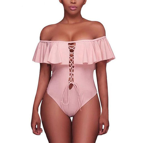 One Pieces Hollow Swimwear Ruffle Backless  Suit