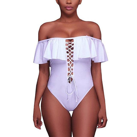 One Pieces Hollow Swimwear Ruffle Backless  Suit