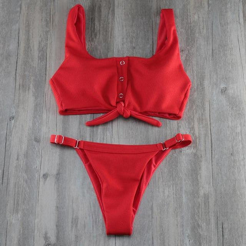 New Solid Button Chest Knot  Red Black Brazilian Bikini Set