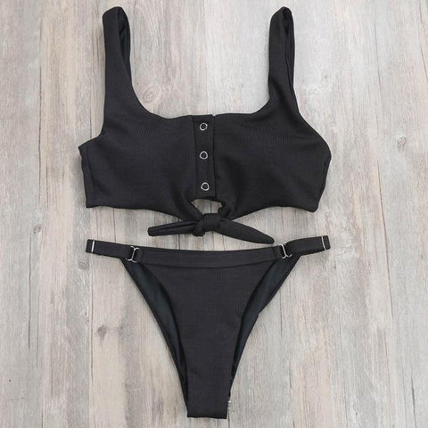 New Solid Button Chest Knot  Red Black Brazilian Bikini Set