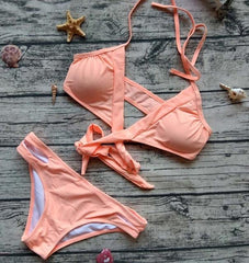 Geometry Printed  Pink High Neck Bikinis Set