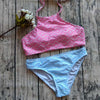 Image of Geometry Printed  Pink High Neck Bikinis Set