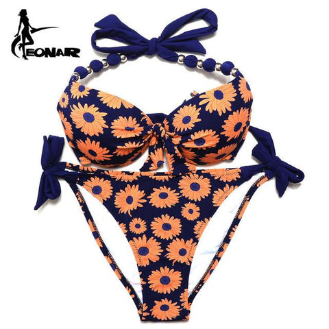 Print Floral  Brazilian Push Up Halter Bikini Set