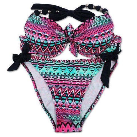 Print Floral  Brazilian Push Up Halter Bikini Set