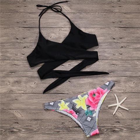 Cross Push Up Swimwear Women Floral Brazilian Bikinis Set