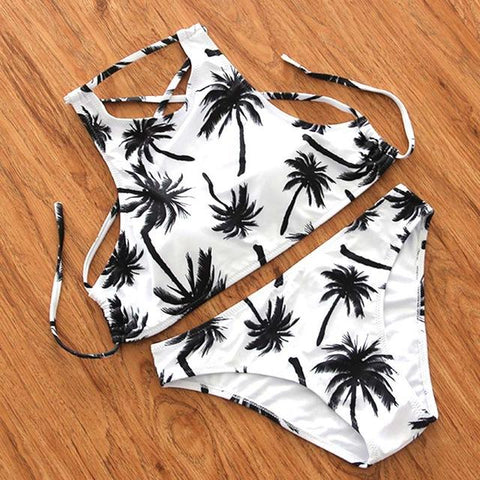 Green Print Halter High Neck Bikini Set