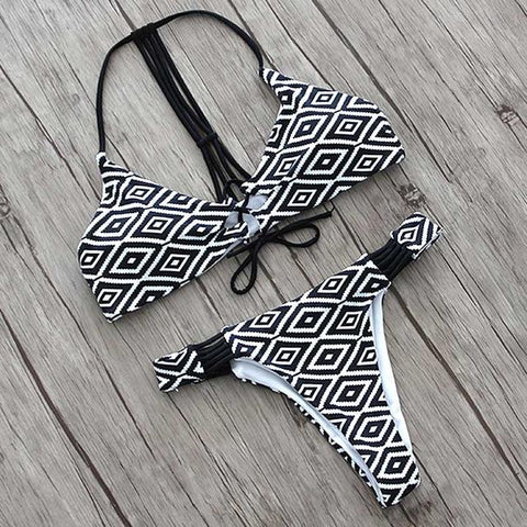 Green Print Halter High Neck Bikini Set