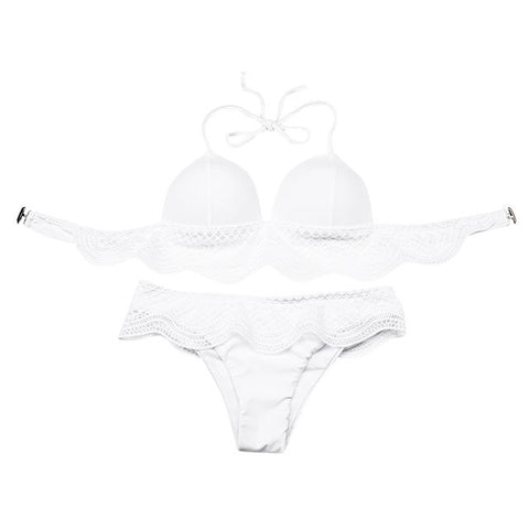 Halter Neck Spliced Lace Design Bikini Set