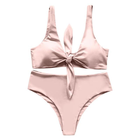 Sexy Solid Padded Tied Bowknot High Waist Bikini Set