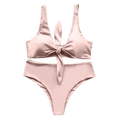 Sexy Solid Padded Tied Bowknot High Waist Bikini Set