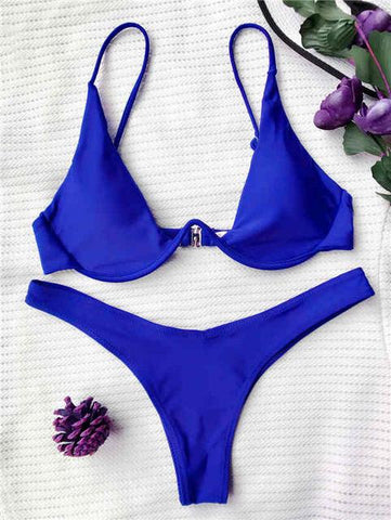 Low Waisted Underwired Plunge  Push Up Bikini Set