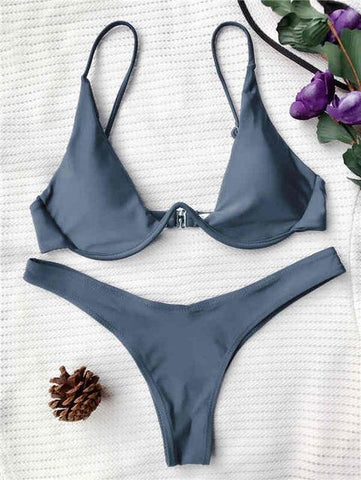 Low Waisted Underwired Plunge  Push Up Bikini Set