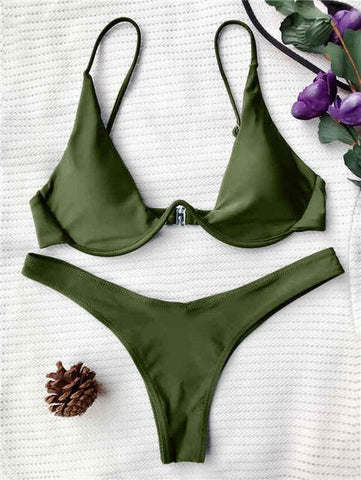 Low Waisted Underwired Plunge  Push Up Bikini Set