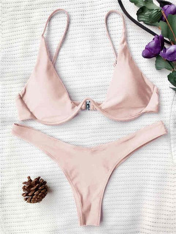 Low Waisted Underwired Plunge  Push Up Bikini Set