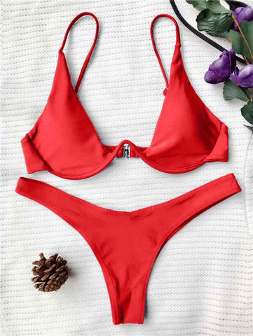 Low Waisted Underwired Plunge  Push Up Bikini Set
