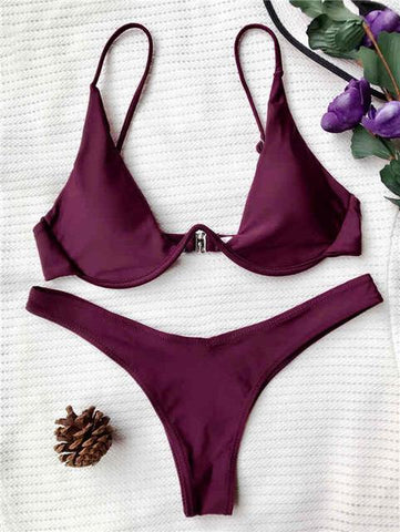 Low Waisted Underwired Plunge  Push Up Bikini Set